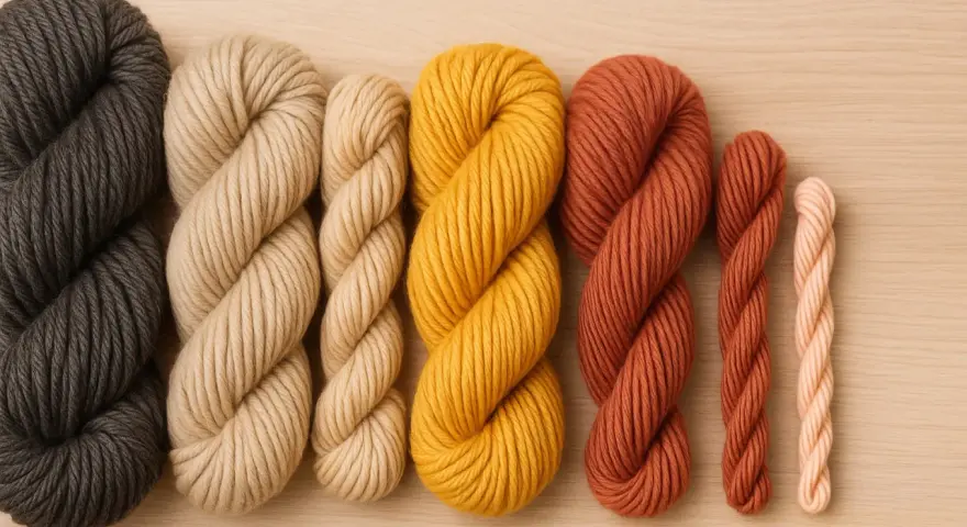 Ovillos de lana de diferentes grosores y colores: gris oscuro, beige, amarillo mostaza, terracota y rosa pálido. El hilo parece ser de lana, de que esta hecho el hilo.