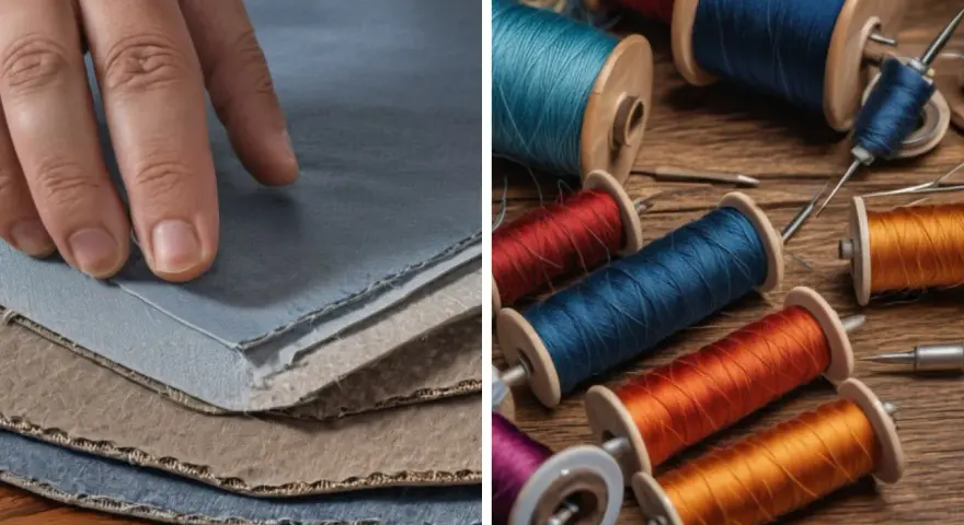 Mano sobre telas azules y marrones, junto a carretes de hilo de colores vibrantes, listos para aprender como coser un agujero a mano.
