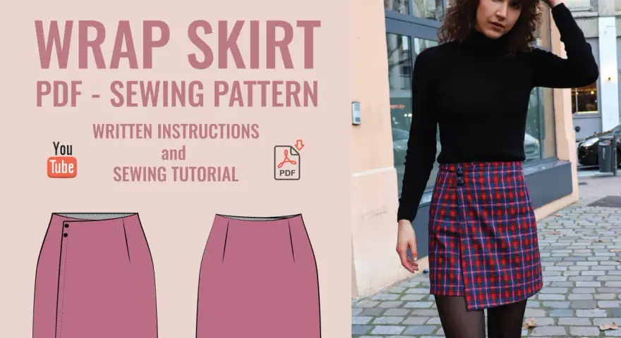 Patrón de falda pareo fácil, con instrucciones escritas y tutorial de costura en PDF. Una modelo luce una falda a cuadros.