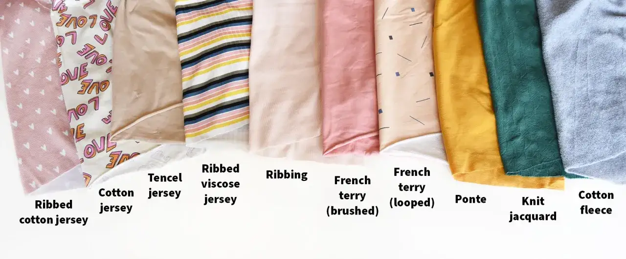 Variedad de telas: jersey de algod&oacute;n acanalado, jersey de Tencel, jersey de viscosa acanalado, ribete, felpa francesa (cepillada y bucle), ponte, jacquard de punto y forro polar de algod&oacute;n. El significado de 