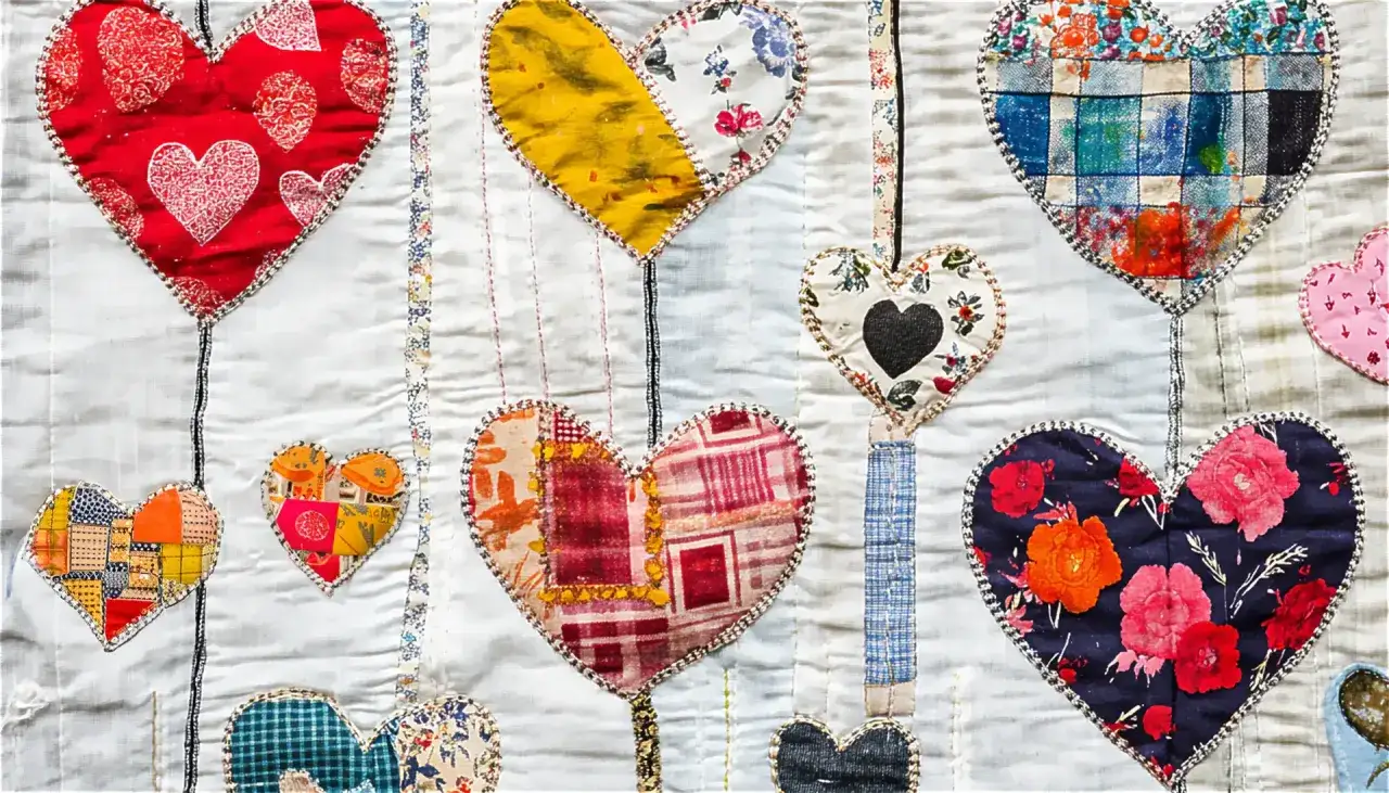 Corazones de retazos con diversos tipos de bordados y telas. Cada coraz&oacute;n es una obra de arte &uacute;nica, mostrando la creatividad y habilidad en la costura.
