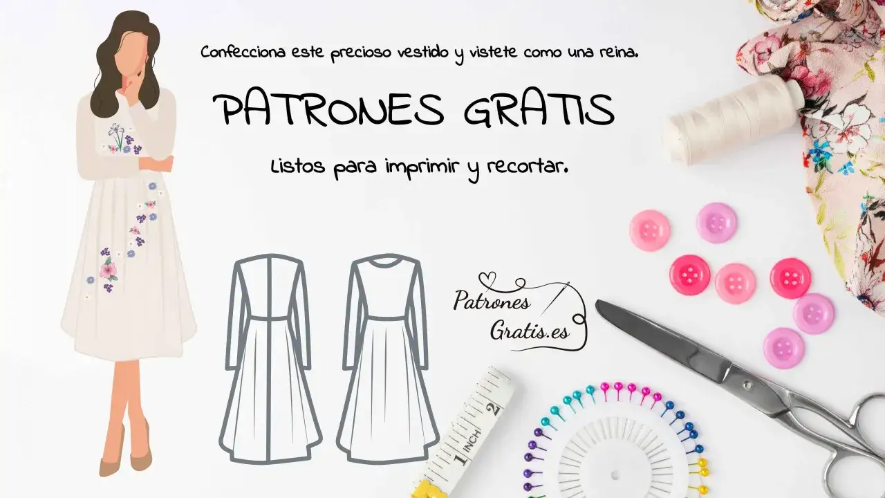 Ilustración de patrones de vestidos gratis para imprimir, con accesorios de costura como botones, tijeras y cinta métrica.