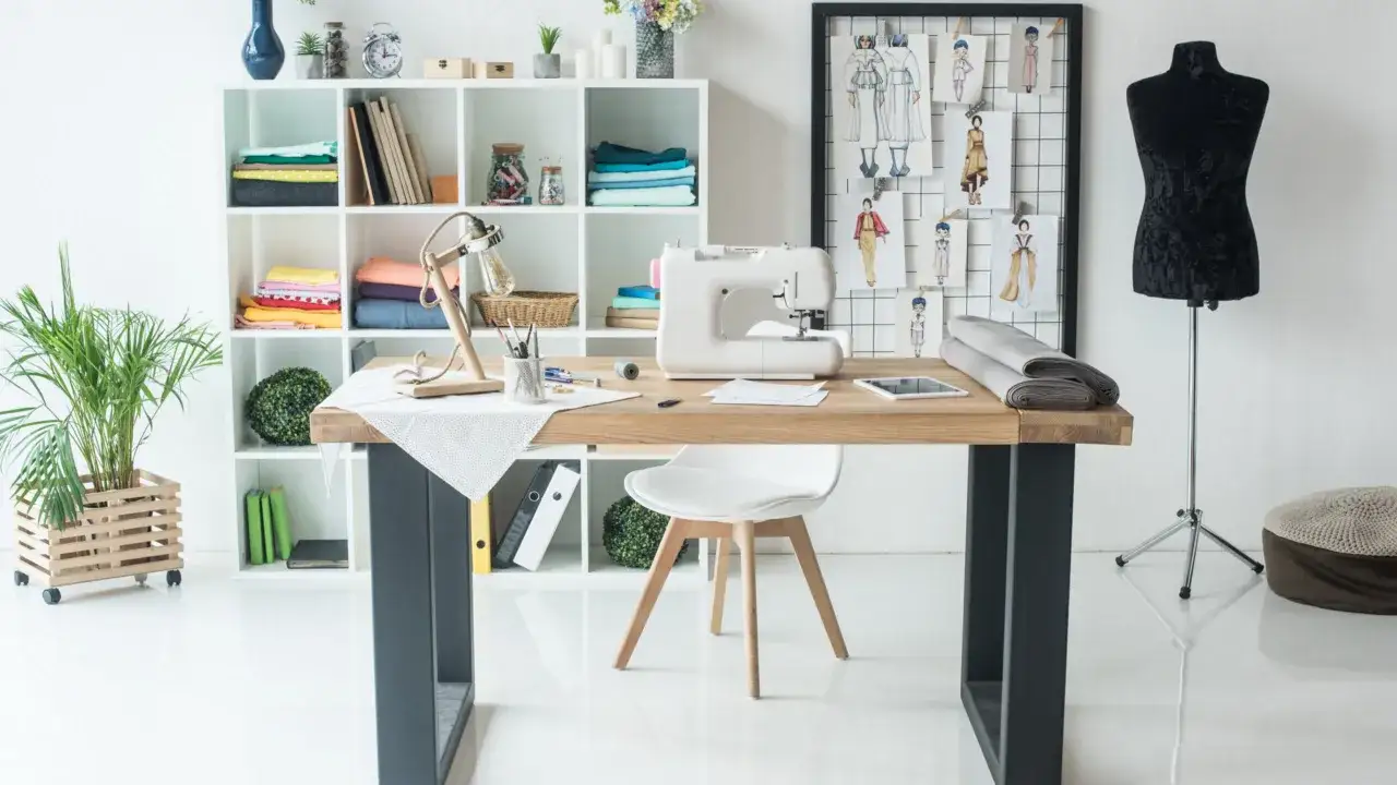 Espacio de trabajo de dise&ntilde;o de moda con m&aacute;quina de coser, maniqu&iacute; negro y bocetos de patron de moda en la pared.