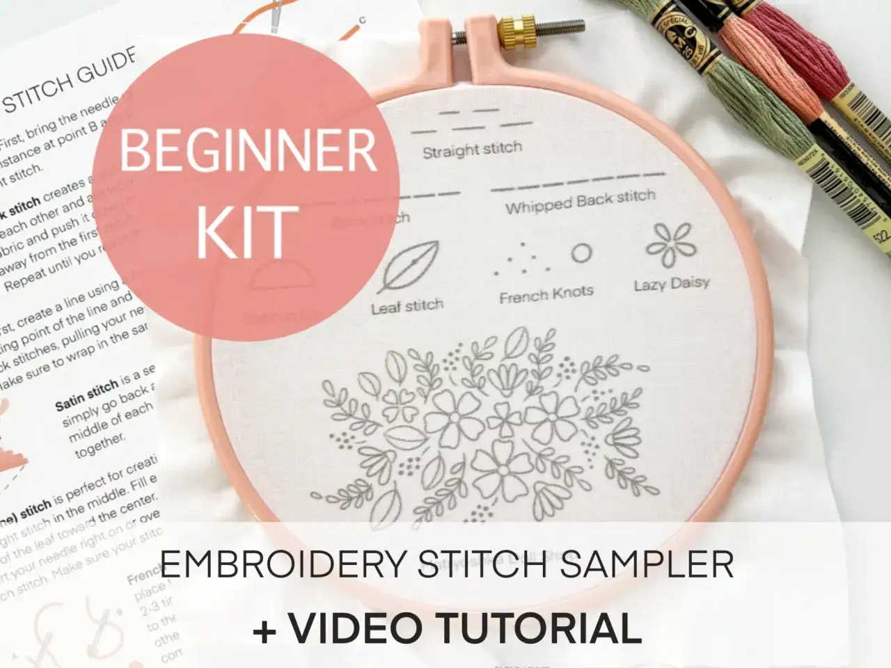 Kit de bordado para principiantes con sampler de puntos y tutorial en video. Incluye aro, tela con diseño y hilos.