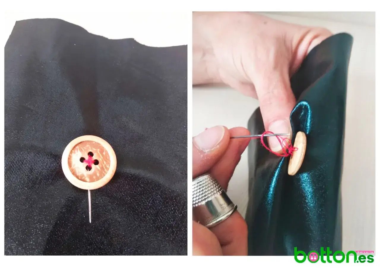 Demostraci&oacute;n de c&oacute;mo coser un bot&oacute;n de madera a tela negra con hilo rojo. Se ve la aguja pasando por los agujeros del bot&oacute;n.