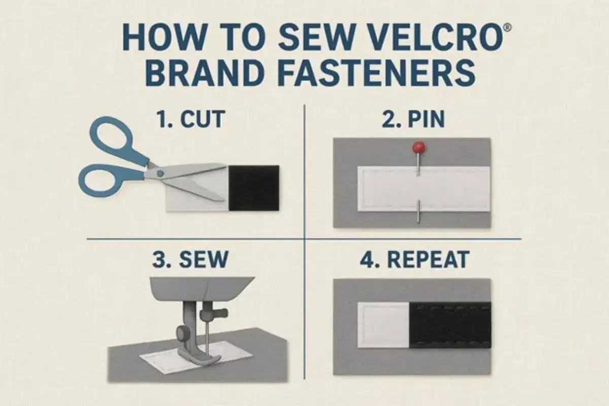 Instrucciones para coser que es velcro: cortar, sujetar con alfileres, coser y repetir.