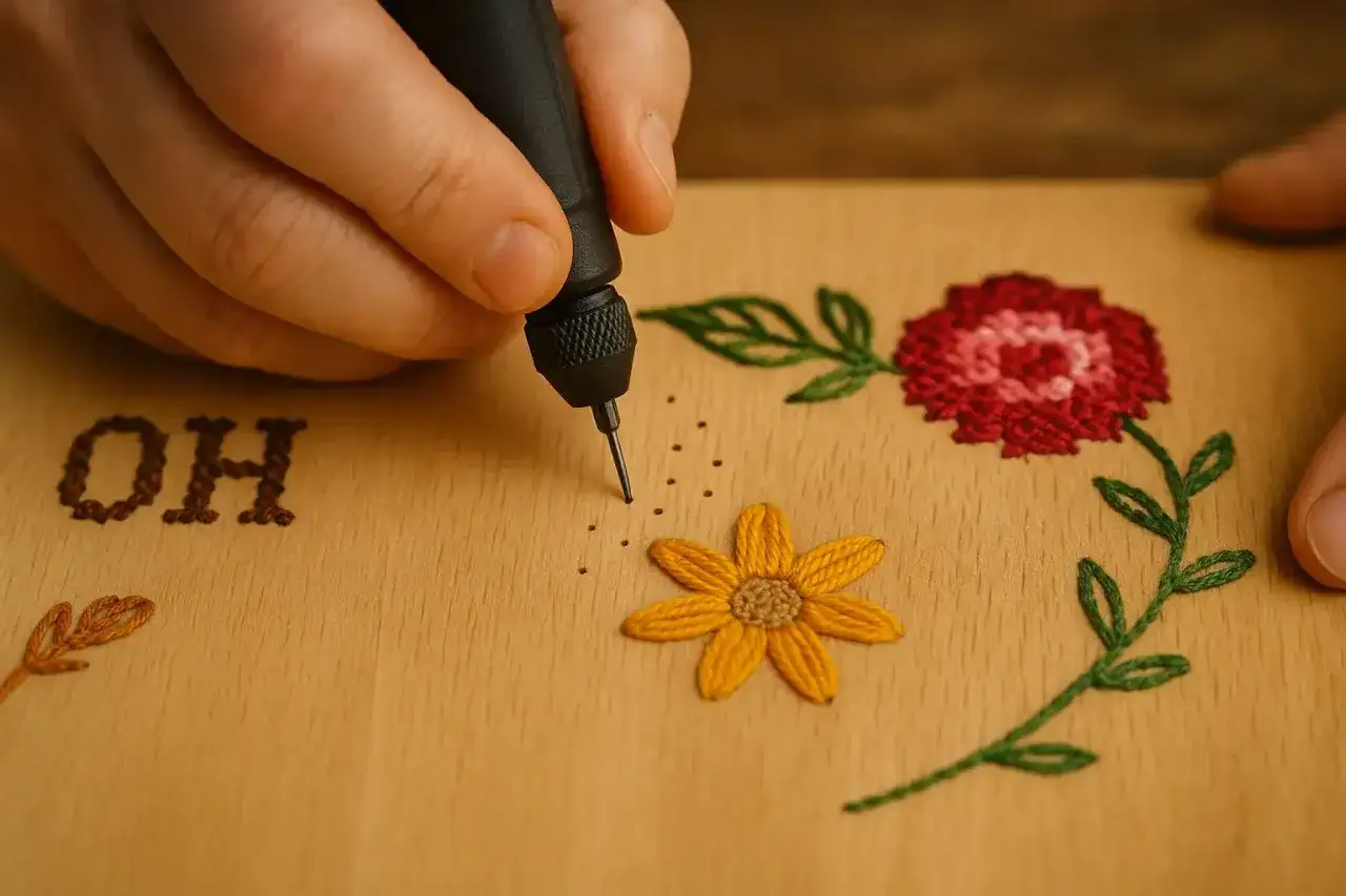 Mano trabajando con herramienta de precisi&oacute;n sobre madera, creando un dise&ntilde;o floral bordado con tela de hilo muy fino.