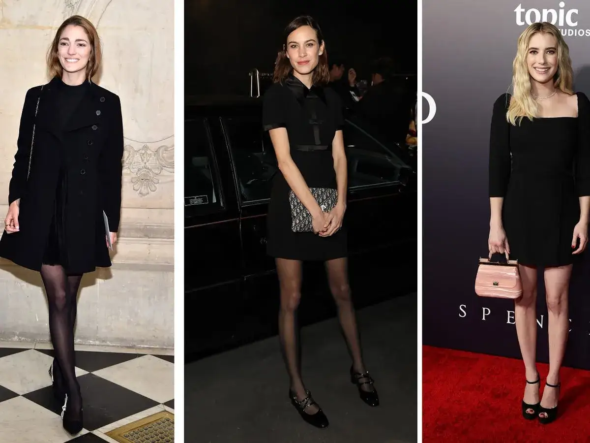 Tres mujeres lucen elegantes vestidos negros. Ideas para como adornar un vestido negro liso: bolsos chic, medias y tacones.