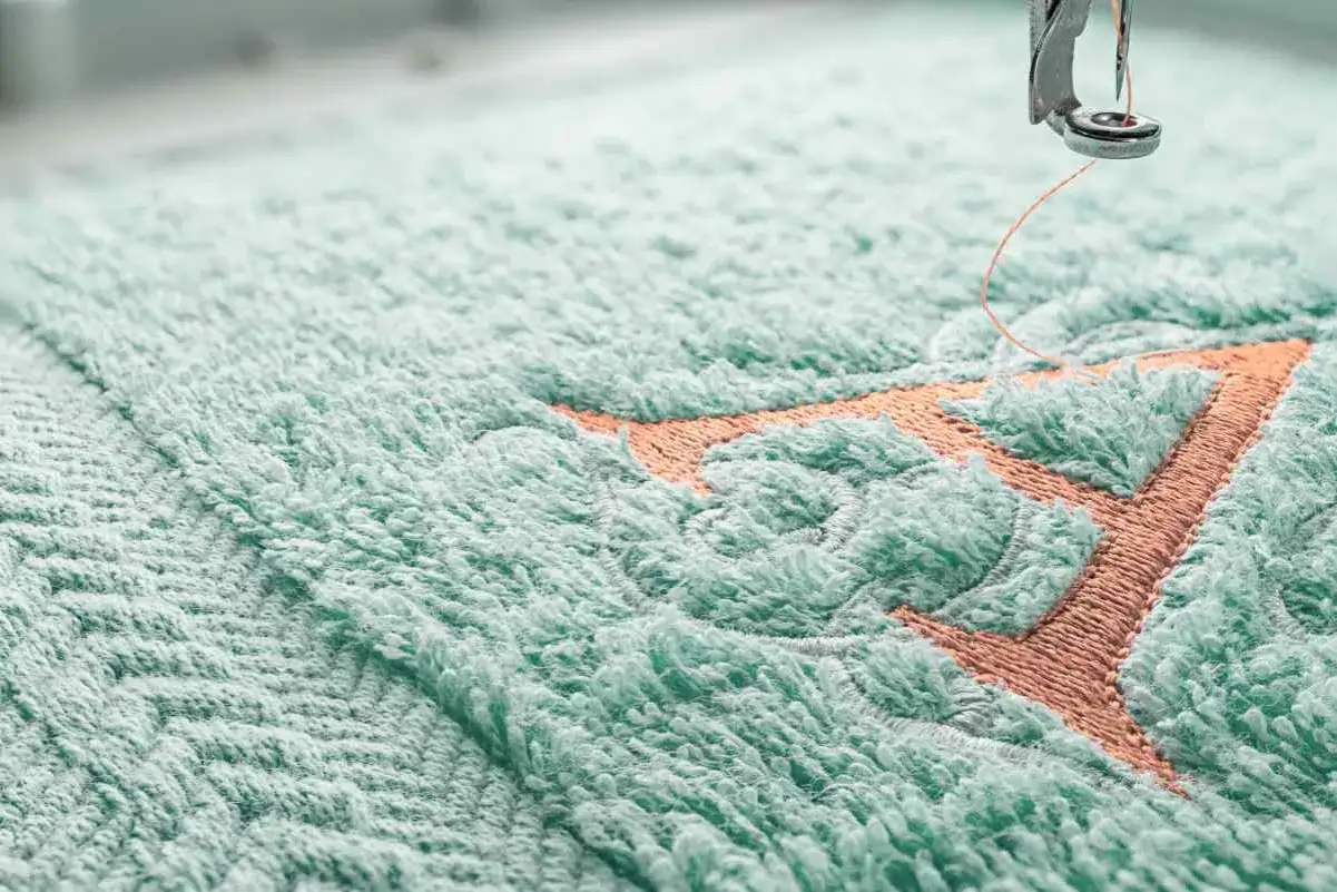 Toallas bordadas con nombre, un detalle de lujo en proceso. La m&aacute;quina de bordar crea un dise&ntilde;o en hilo naranja sobre tela turquesa.