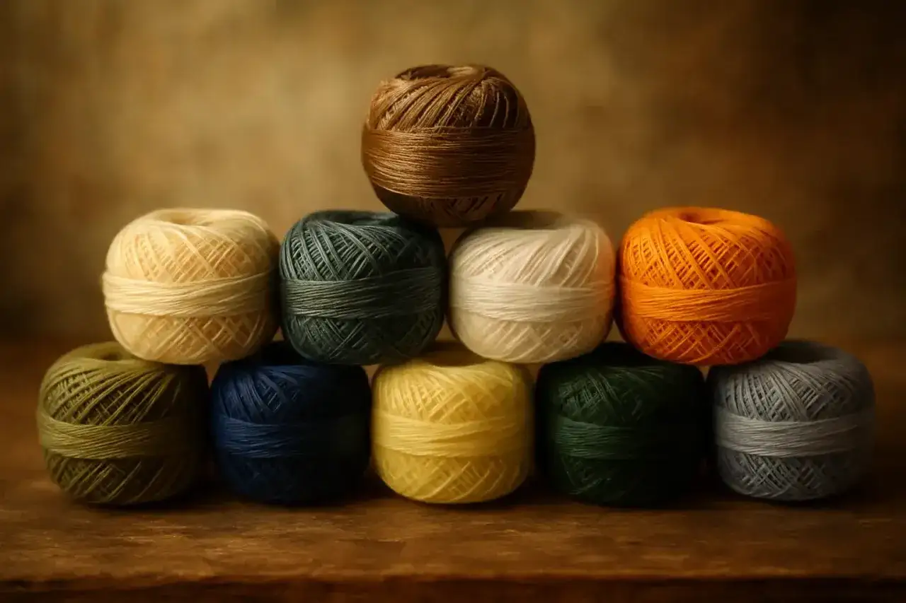 Ovillos de lana merino en tonos tierra, verde, azul, amarillo y gris, apilados en pir&aacute;mide.