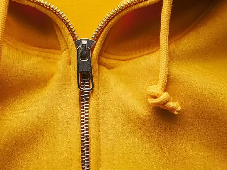 Primer plano de una cremallera plateada en una sudadera amarilla. Aprende como arreglar una cremallera rota para que tu ropa quede como nueva.
