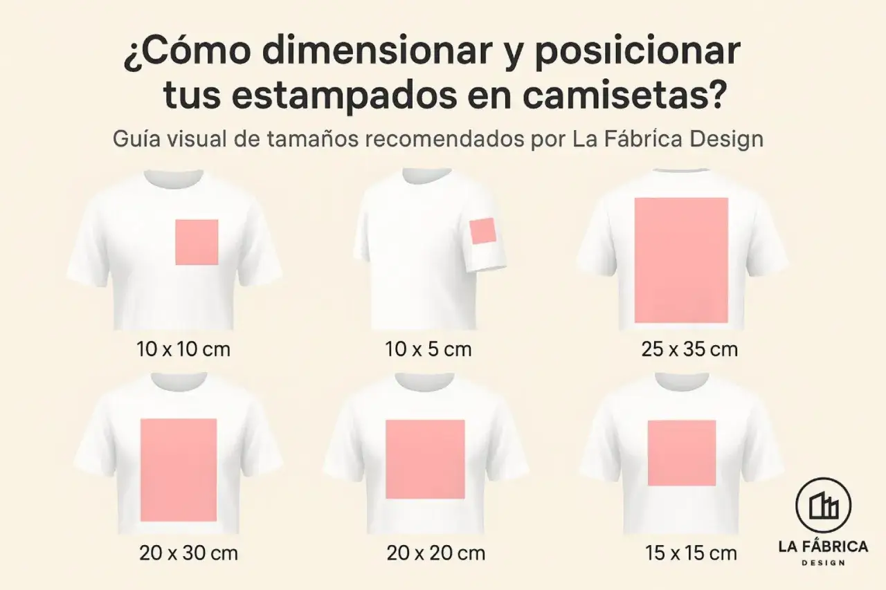 Gu&iacute;a visual de d&oacute;nde poner el logo en una camiseta. Muestra diferentes tama&ntilde;os y ubicaciones para estampados.
