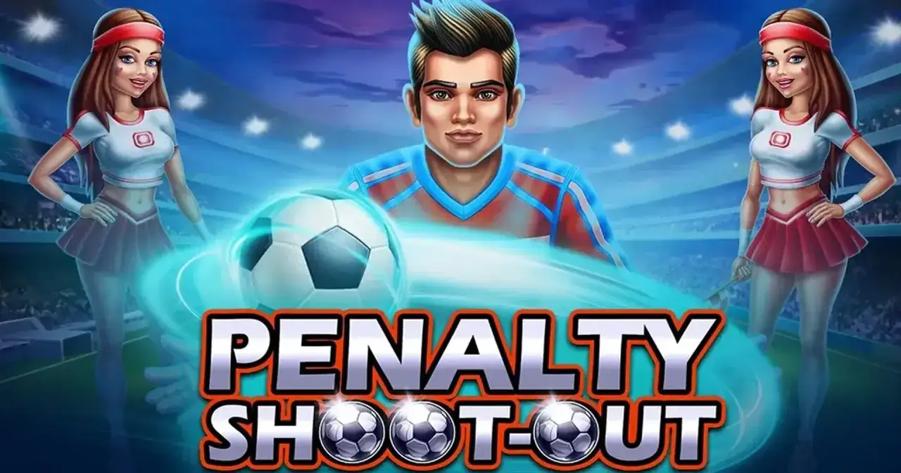 Estrategia y azar en el juego de penaltis online: qué es real. Un futbolista y dos animadoras en un estadio, con un balón y el título del juego.