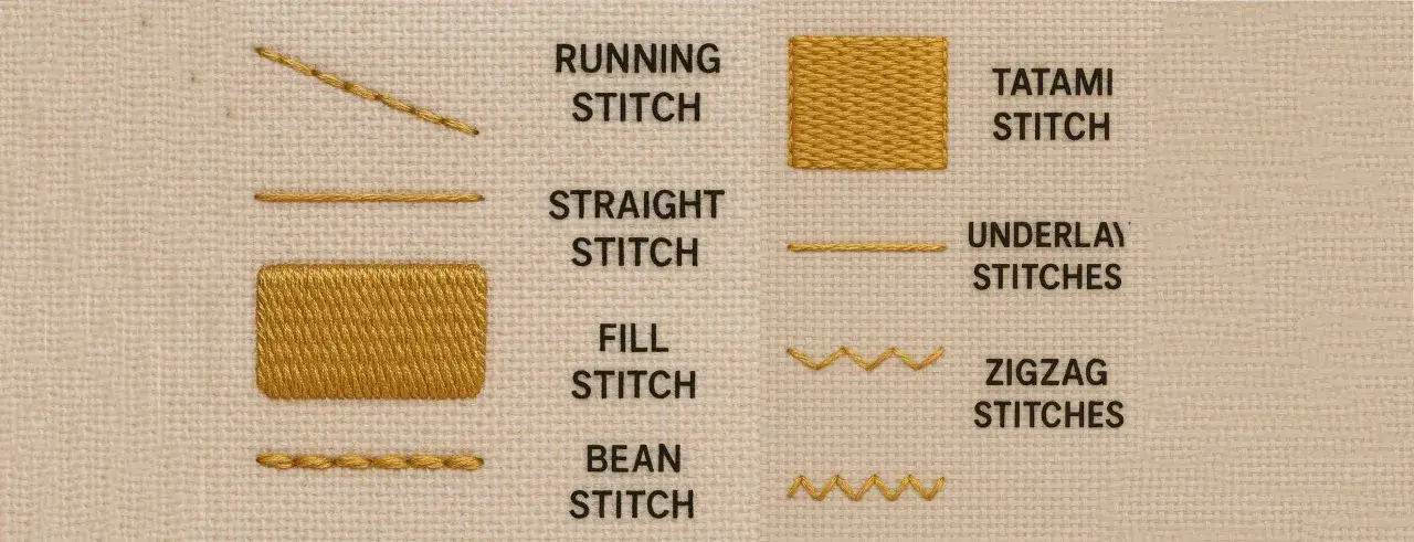 Ejemplos de puntadas de bordado: corrida, recta, relleno, bean stitch, tatami, underlay, zigzag. La felpa perchada se ve en el relleno.