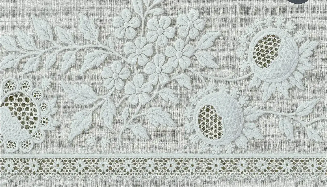 Bordado blanco con flores y hojas en relieve, creando un delicado punto de realce sobre tela gris.