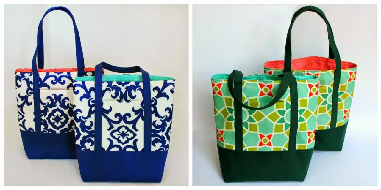 Dos bolsas de tela con estampados florales y geom&eacute;tricos, ideales para aprender como hacer bolsas de tela.