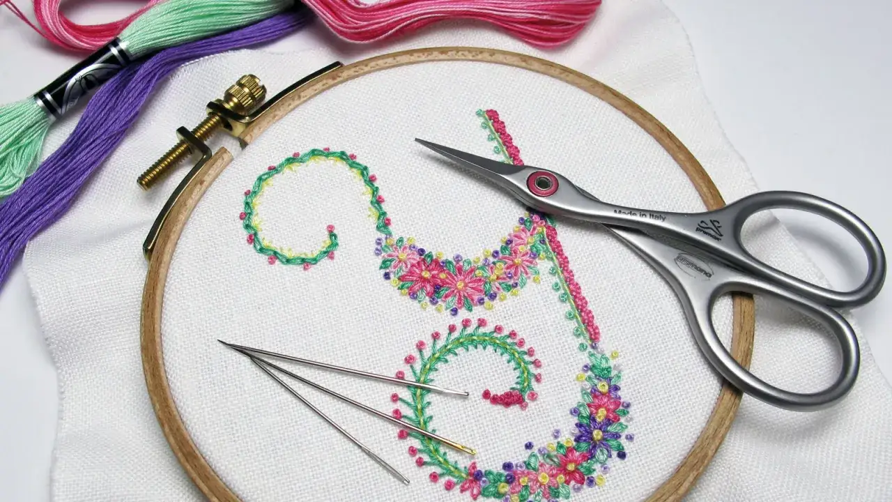 Bordado floral en un bastidor, con hilos de colores y tijeras. El diseño, formado por dos hilos, muestra una letra decorada con flores y hojas.