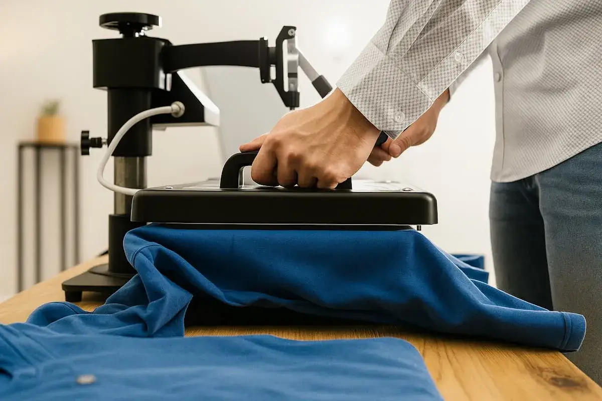 Man usando una plancha t&eacute;rmica para aplicar un parche a una camiseta azul. Aprende como pegar un parche con plancha.