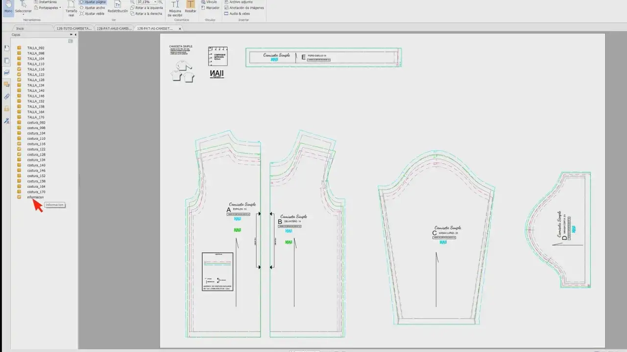 Patrones de costura gratis para imprimir de camiseta simple, con tallas y piezas de manga.