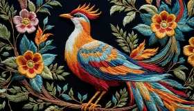 Pájaro vibrante rodeado de flores y hojas, un ejemplo de bordados modernos llenos de color y detalle.