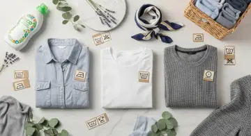 Ropa doblada, jabón ecológico y símbolos de lavado. El algodón stretch, con su significado de comodidad y adaptabilidad, se muestra en esta escena.
