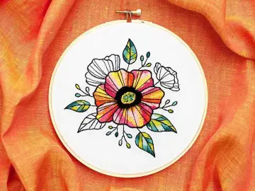 Hermoso bordado de flores coloridas y hojas, ideal como patrones de flores para bordar e imprimir.