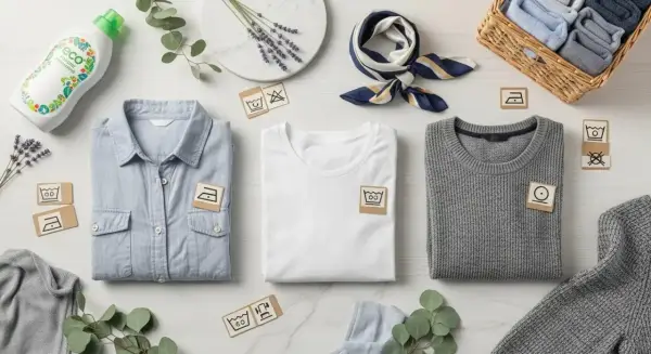 Ropa doblada, jabón ecológico y símbolos de lavado. El algodón stretch, con su significado de comodidad y adaptabilidad, se muestra en esta escena.