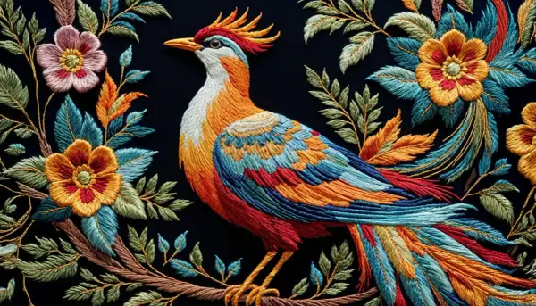 Pájaro vibrante rodeado de flores y hojas, un ejemplo de bordados modernos llenos de color y detalle.