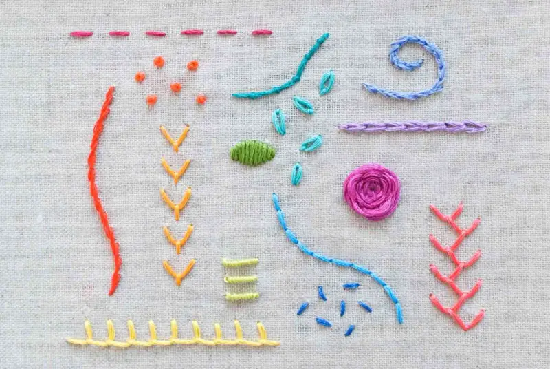 Ejemplos de puntadas para bordado principiantes: líneas, puntos, flechas, espirales y una flor.