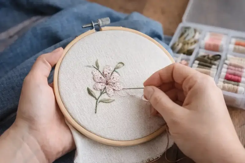 Manos bordando una flor en un bastidor. Se aprecian hilos de colores y las medidas de los bastidores son importantes para este proyecto.