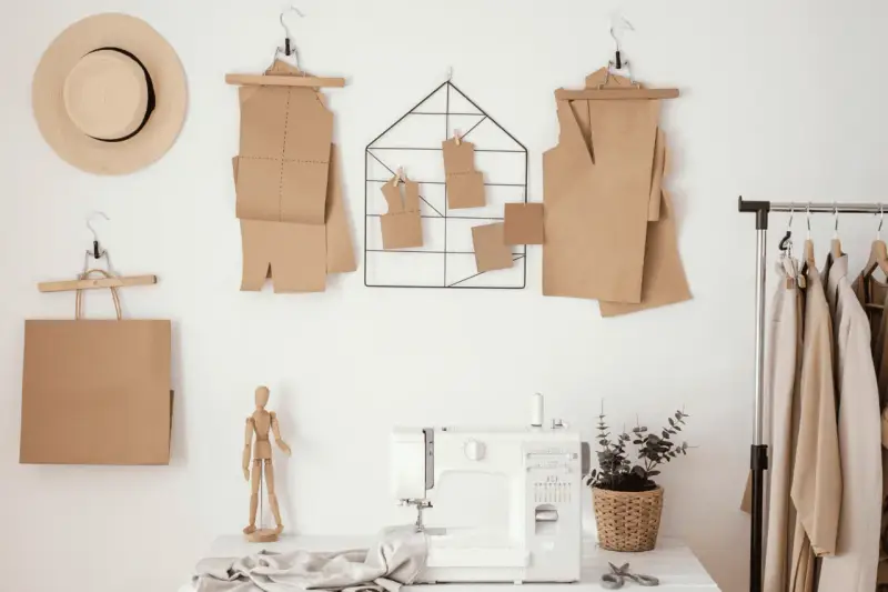 Patrones de papel marrón colgados en la pared, como se llama el papel para hacer patrones. Máquina de coser y ropa en un perchero.