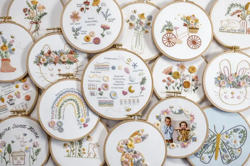 Colección de aros de bordado con diseños de flores, animales y arcoíris. Muestran puntadas sencillas y son perfectos para principiantes.