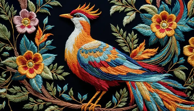 Pájaro vibrante rodeado de flores y hojas, un ejemplo de bordados modernos llenos de color y detalle.